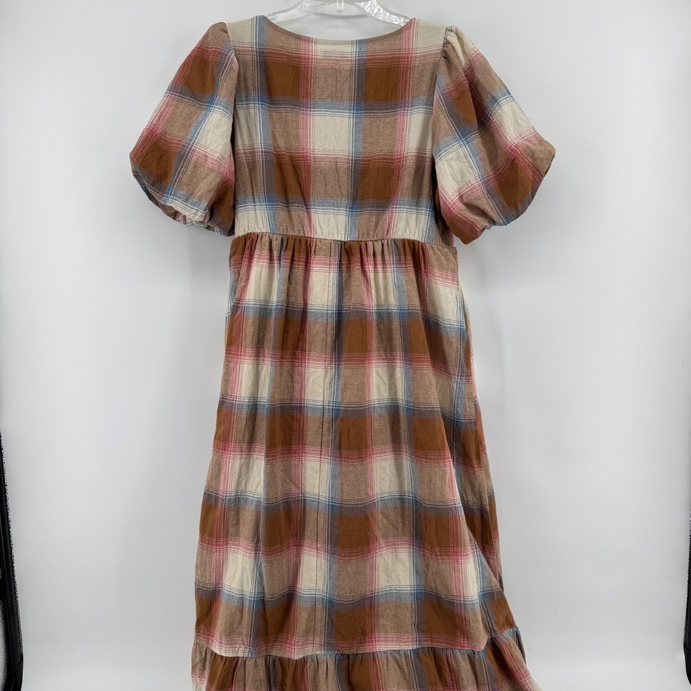 Polagram Plaid Dress Womens M Brown Pink Puff Sleeve Tiered Midi Square Neck - Picture 3 of 13